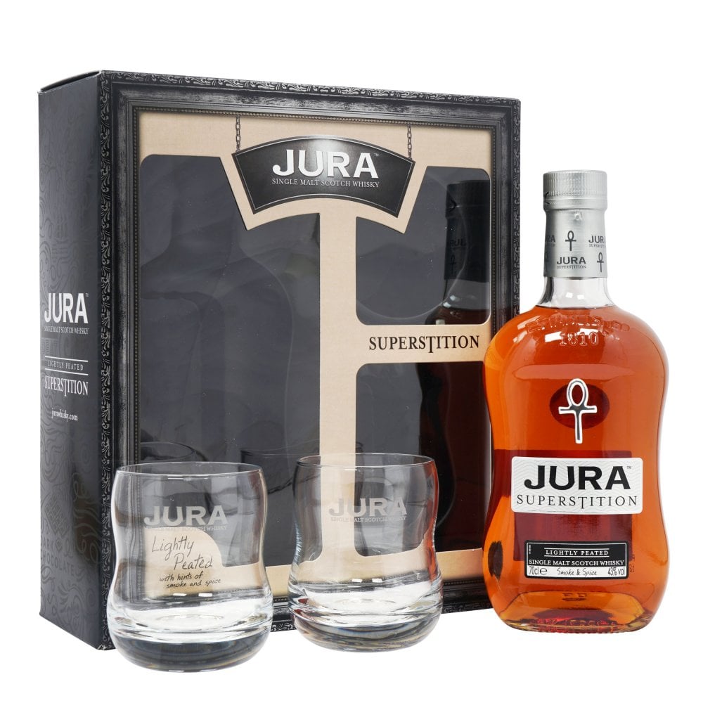 Isle of Jura Superstition Single Malt Whisky + Glasses
